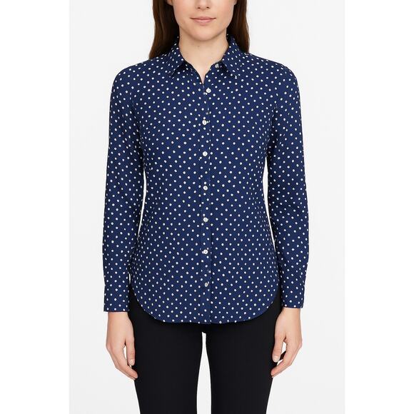 Lands' End Womens Navy Polka Dot No-Iron Supima Cotton Button-Up Shirt 10 - Picture 1 of 10